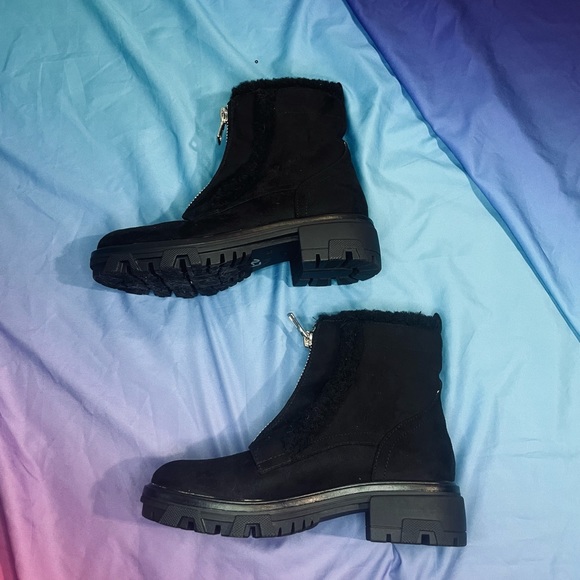 Unisa Suede Zip Black Fur Trim Platform Combat Boots 6.5 biker goth - Picture 5 of 6